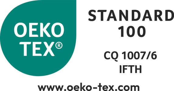 OEKO-TEX® STANDARD 100 certified product, CQ 1007/6 certificate, IFTH. This label guarantees the chemical safety of certified products.